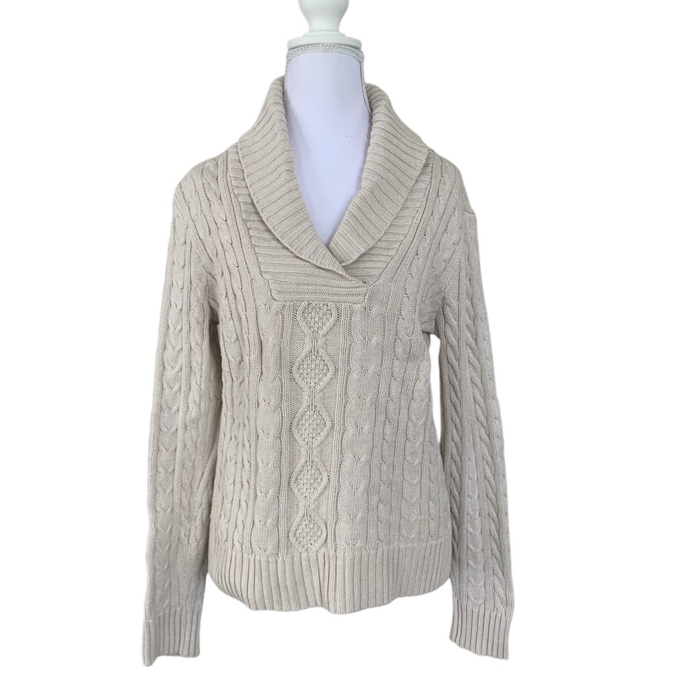 Cream Cable Knit Shawl Collar Sweater | Coastal Grandma | Spring Layer Medium - Picture 2 of 6